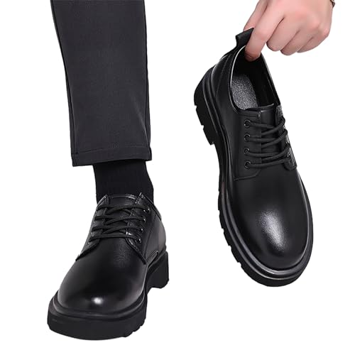 Image of Men's Vintage Leather Lace Up Platform Oxfords Shoes Black Round Toe Soft Rubber Sole Non-Slip Waterproof Business Formal Derby Dress Shoes