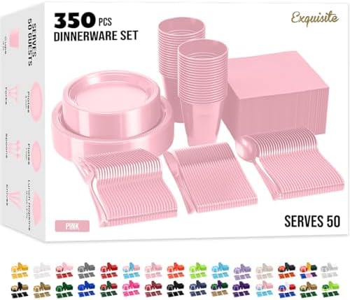 350 Pcs Plastic Dinnerware Set Includes 50 of Each 9" Pink Plastic Dinner Plates | 7" Plastic Dessert Plates | 12 oz Plastic Cups | Pink Napkins | Plastic Spoons, Forks & Knives - Exquisite