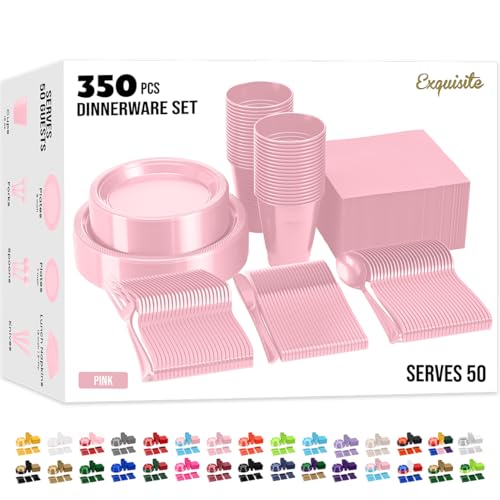 350 Pcs Pink Plastic Plates For Party Pink Disposable Plates Set 50 Of Each 9 Dinner Plate Set 7 Dessert Plate Cups Napkins & Cutlery Plastic Dinnerware Set Exquisite
