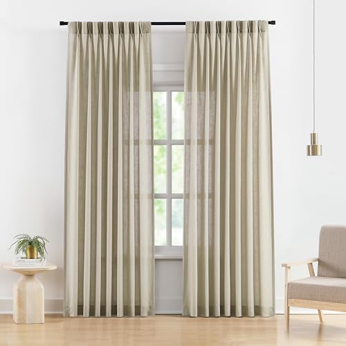 Image of Vision Home Sand Pinch Pleated Semi Sheer Curtains Textured Linen Blended Light Filtering Window Curtains 84 inch for Living Room Bedroom Pinch Pleat Drapes with Hooks 2 Panels 40 inch Wx84 L,Camel Beige