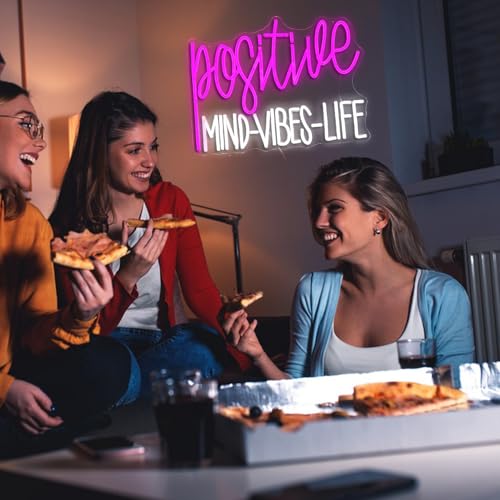 Image of Positive Mind Vibes Life Neon Sign Pink White LED Neon Light for Wall Decor Dimmable Positive Light Up Sign for Classroon Office Girls Living Room Home Bar Club Salon (16.5''*12.6'')
