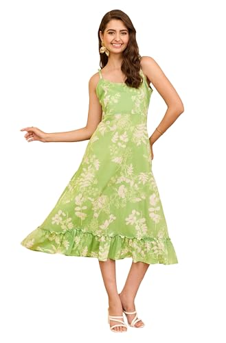 Image of Janasya Women's Rose Pink Pure Cotton Floral Printed A-Line Dress