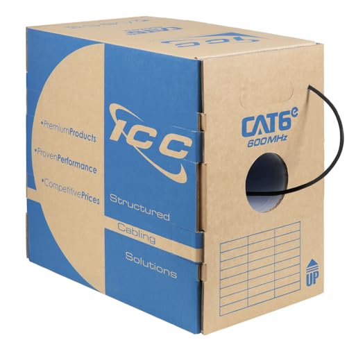 ICC Cat6e CMR Riser 1000ft - UTP 23AWG, 100% Solid Pure Copper, Unshielded, Bulk Ethernet Cable, PoE++, 600MHz, Reelex Pull Box, UL Certified, RoHS, TAA and NEC Compliant, Black