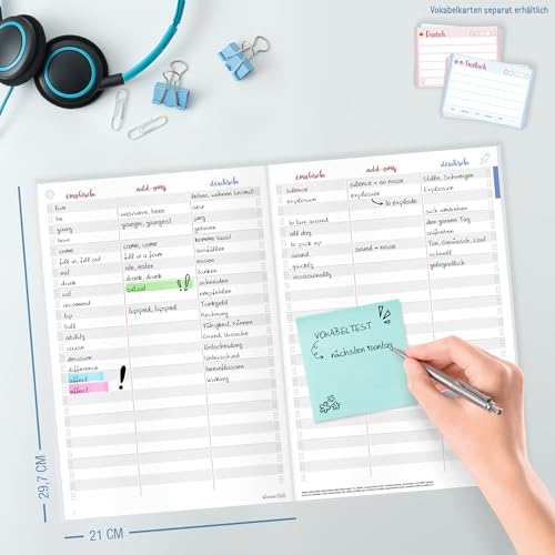 Häfft® Vokabelheft Englisch A4 mit 3 Spalten - inkl. Grammatik, Infos zu Kultur und Umgangssprache, Lernkontrollsystem, Spüchen u.v.m