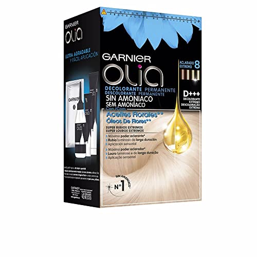 Garnier Olia, Decolorante Permanente sin Amoniaco con Aceites Florales de Origen Natural, Decolorante D+++, Aclarado 8 Tonos, El embalaje puede variar