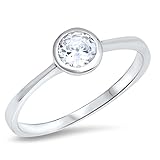 Bezel Round Solitaire White CZ Wedding Ring .925 Sterling Silver Band Size 8