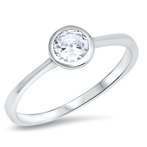 Bezel Round Solitaire White CZ Wedding Ring .925 Sterling Silver Band Size 8