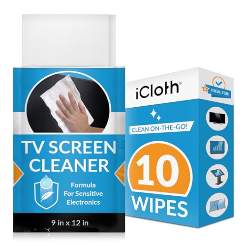 iCloth XL TV Screen Cleaner Wipes for Smart TVs - Pre-Moistened, Alcohol-Free, Streak-Free Cleaning for Flat-Screen TVs, Monitors, and Other Large Screens, Safe and Effective, 10ct