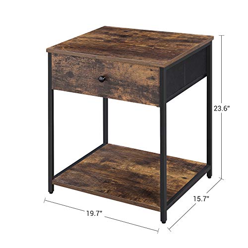 SONGMICS Rustic Nightstand, Industrial Bedside Table with Drawer, 2 Shelves, Fabric Drawer Dresser, End Table with Wooden Top and Front, Rustic Brown and Black ULGS20H