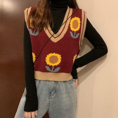 Image of Lunoakvo Women Pink Peach Flower Embroidery Knitted Sleeveless O-Neck Knitwear Sweater Vest