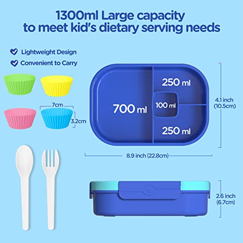 Jelife Lunch Box Kids Bento Box - 1300Ml Ideal Leak Proof Bento Lunch Box For Kids School Lunchbox For Teens Toddlers Boys, Lunch Box Snack Containers With Utensil, Food Fork Picks & Cake Cups, Blue #TOP2