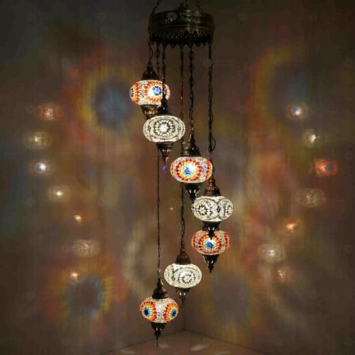 Lampe à suspendre multicolore en mosaïque turque, lustre 7 globes - 4