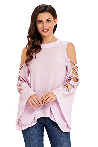 Women's Crisscross Rose Embroidered Cold Shoulder Bell Sleeve Blouse Shirt Top Pink XXL