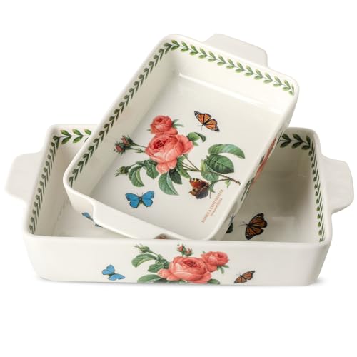 Howise Ceramic Pink rose Baking Casserole Dish with Handles,Large 2 pieces 8x13 inch & 6x10 inch Lasagna Baking Dish and Middle Flower Andplant Baking Pan,Porcelain Serving Bakeware Set