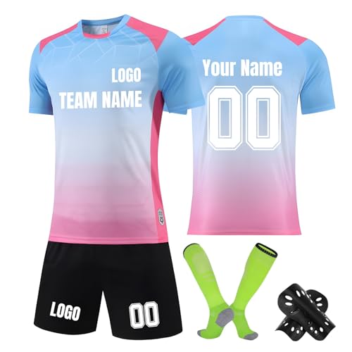 Genérico Camisetas de Equipacion Incluye Camiseta, Pantalones Cortos Calcetines y Espinilleras, Equipacion Deportiva de Futbol Personalizada para Niño y Adultos con Logo Nombre y Número