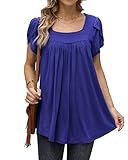 DUSDIMON Women's 2023 Summer Tunic Tops Petal Short Sleeve Square Neck Loose Flowy Pleated Shirts(Ro