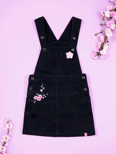 Image of KiddoPanti Girls Solid A-Line Fit Pinafore 5 Pocket Denim Dungaree Skirt