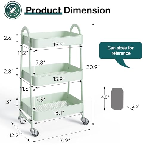 image for SMUG 3 Tier Rolling Cart - Metal Utility Carts on Lockable Caster Whee