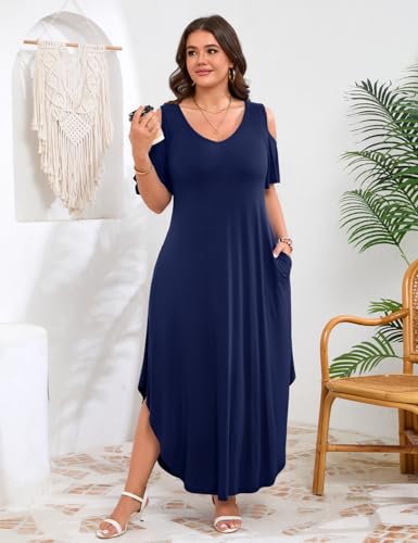 Image of JollieLovin Womens Plus Size Casual Summer Maxi Long Dress Cold Shoulder V Neck Beach Sundresses