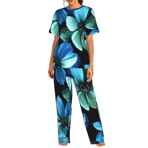 Pyjama court femme anti-chaleur ensemble floral bleu nuit