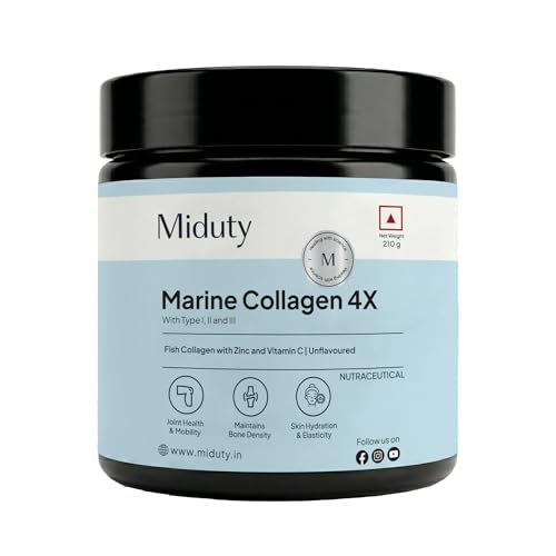 Image of Miduty Marine Collagen Powder with Vitamin C & Zinc | Hydrolyzed Collagen Peptides | Wild-caught Fish | Type 1, 2 & 3 for Skin Elasticity, Hair, Nails, Joints & Bone Support | 210g