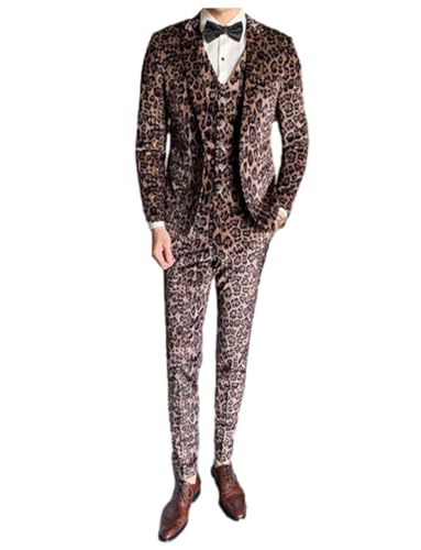 Kromoc Men's Leopard Grain 3-Piece One Button Suit Jacket Vest Pants Formal Daily Leisure