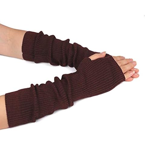 Zeltauto Women's Knit Elbow Length Arm Warmer Thumb Hole Fingerless Glove (Burgundy)(Size: M) Cover