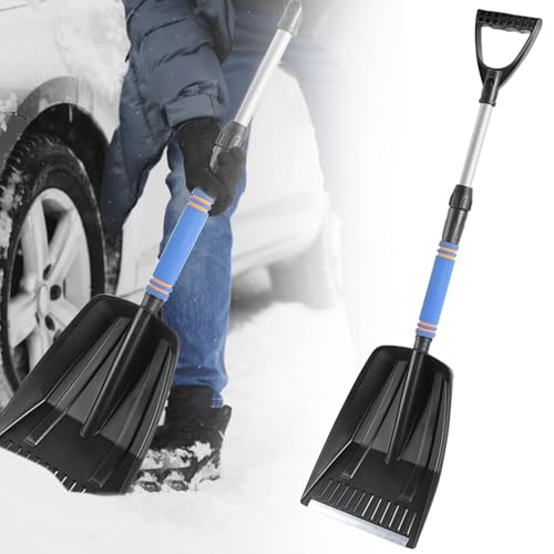 Pala da neve per vialetto d'auto, retrattile, staccabile, pieghevole, leggera, in lega di alluminio, con manico ergonomico per giardino, campeggio, spiaggia, pupazzo di neve e emergenza (blu)