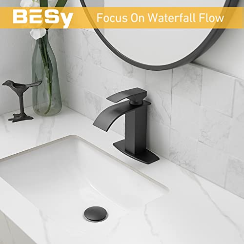 Besy Brass Black Waterfall Spout Bathroom Faucet, Single Hole Single Handle Bathroom Sink Faucet, Rv Lavatory Vanity Faucet With Deck Plate, Brass, Matte Black #TOP1