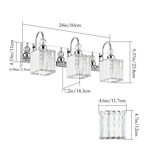 Image of Ralbay Chrome Crystal Bathroom Vanity Light - 3-Lights, 24 inch Modern Wall Light Fixtures
