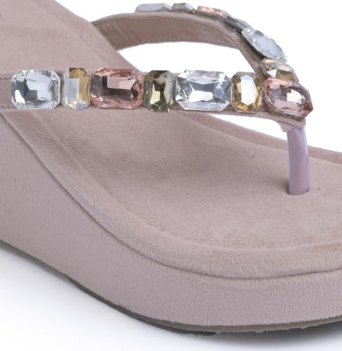 Image of JM LOOKS Women's Rhinestone Sandals High | Low Platform T-Strap Jewel Sandals High Wedge Flip Flops Sandal Summer Beach Sandal