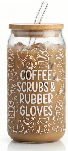 Nurse Gifts for Women 16oz Glass Cup with Lid and Straw Funny Nur...