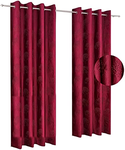 Image of Polyester Premium Tree Design Punching Screen for Home Office | Door Curtain 7 Feet Long Set of 4 | Modern Parde for Living Room Bedroom | Eyelet Rings | Maroon Curtains