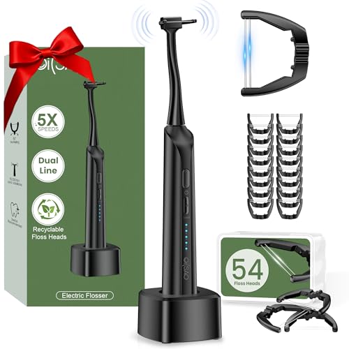OILSAO Electric Flosser for Teeth, Water Flosser Alternative with 5 Speeds + 54 Refill Heads, 5X Cleaning & 60 Day Battery Life, Oscillation Gliding for Sensitive Gum Care, Dentist Recommended -Black