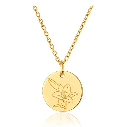 FindChic Birth Flower Disc Necklaces for Women with Birthstone Stainless Steel/Gold Plated/Sterling Silver Jan. to Dec. Guardian Month Floral Pendant