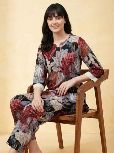 Image of Bee M Pee Designer Trendy Floral Printed Poly Rayon Cotton Kurta Coord Sets for Women | Stylish Casual Kurti Tunic Cord Set with Pant for Woman for Office