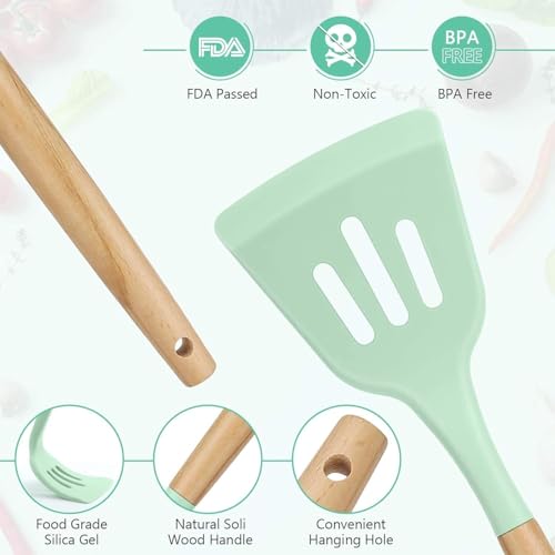 Image of Silicone Spatula Set, Spatula Set with Wooden Handle for Cooking and Mixing, for Non Stick Pan, Kitchen Tools Set of (12, Light Green)