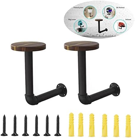 XIAO PEI 2 Pack Metal Pipe & Brown Wood Wall-Mounted Hat & Wig Holder, Motorcycle Accessories Helmet Holder Jacket Hanger Wall Mounted Multifunctional Rack (2 Black)