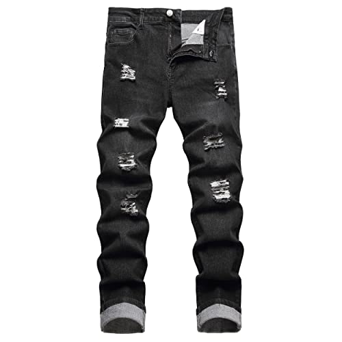DANT BULUN Men's Ripped Distressed Destroyed Slim Fit Straight Leg Denim Jeans