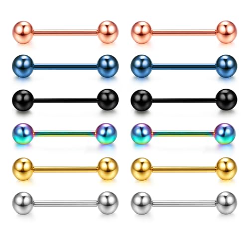 CASSIECA 12Pcs 14G Piercing Pezon Piercing Lengua Acero Quirurgico Piercing Pezon Mujer Hombre Barras de Lengua Multicolor Piercing Pezón CZ Piercings Rectos 14mm