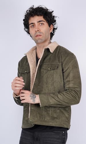 Image of Men's Sherpa Lined Corduroy Jacket | Warm Winter Jacket with Fur Collar & Cuffs | Soft Fleece Lining, Multiple Pockets - Brown, Olive Green, Chocolate Brown
