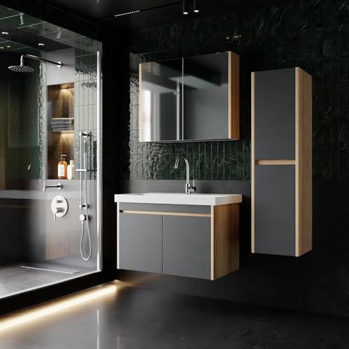 Karen Ensemble Meuble Salle de Bain 80 cm Dallas – Set 4 pièces en chêne & Anthracite, Meuble sous-Vasque Suspendu avec lavabo, Armoire Miroir et Colonne...