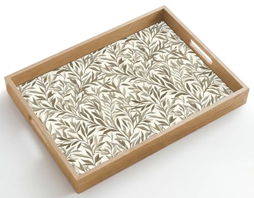 OnlyWow© Plateau Repas Bois Rectangulaire 50x35 cm Plateaux Service Table Dejeuner Cafe Résistant à La Chaleur Chene Poignée Déjeuner Branches - Botanique - Taupe