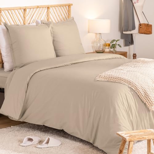 Atmosphera - Parure de lit landiha Percale Beige Lin 240x220cm