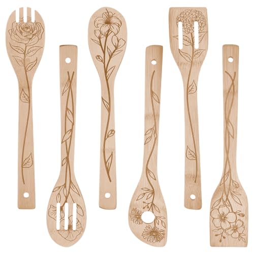GLOBLELAND 6Pcs Floral Bamboo Cooking Utensils Wooden Engraved Cooking Spoons Set Carving Kitchen Bamboo Spatula Set for Women and Men Wood Cooking Spoon for Kitchen House Warming Gift