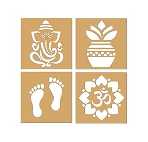 Asmi Collections Ganesha Kalash Foot Prints Floral MDF Wood Rangoli Stencils for Floor (Set of 4, 40x40 Cm)