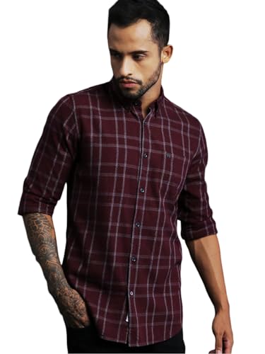 Image of THE BEAR HOUSE Men's Cotton Slim Checks Button-Down Casual Shirt |Maroon |L |TBH-Andreas-MR-L |