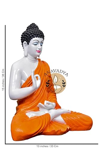 Image of Beautiful Sitting Buddha Idol Statue for Home & Garden Living Room | Healing Spirit Blessing Buddha Statue - 15 Inch Size (Saffron + White)