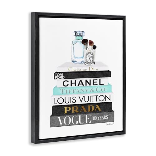 Image of Stupell Industries 'Bookstack with Beauty Brushes', Floating Frame Canvas Art, Gray, 17 x 21 Inches, Easy to Hang and Sturdy, Made in USA, by Amanda Greenwood