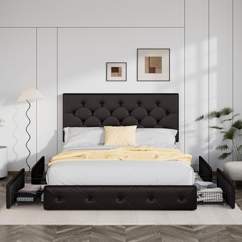 Allewie Upholstered Full Size Platform Bed Frame with 4 Storage Drawers and Headboard, Diamond Stitched Button Tufted, Mattress Foundation with Wooden Slats Support, No Box Spring Needed, Black Brown
